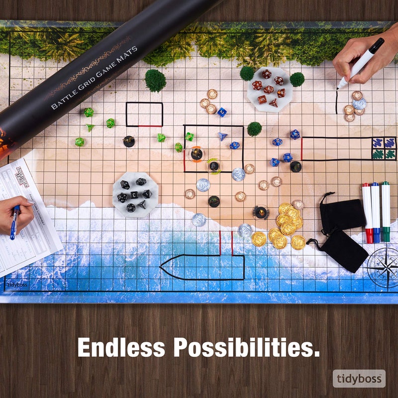 Tidyboss DND Starter Set | 3 X Double Sides 24x 36 Game Grid Mat | 6 Terrains Includes Dry Erase Markers, Eraser, Dice and Clips - Image 5